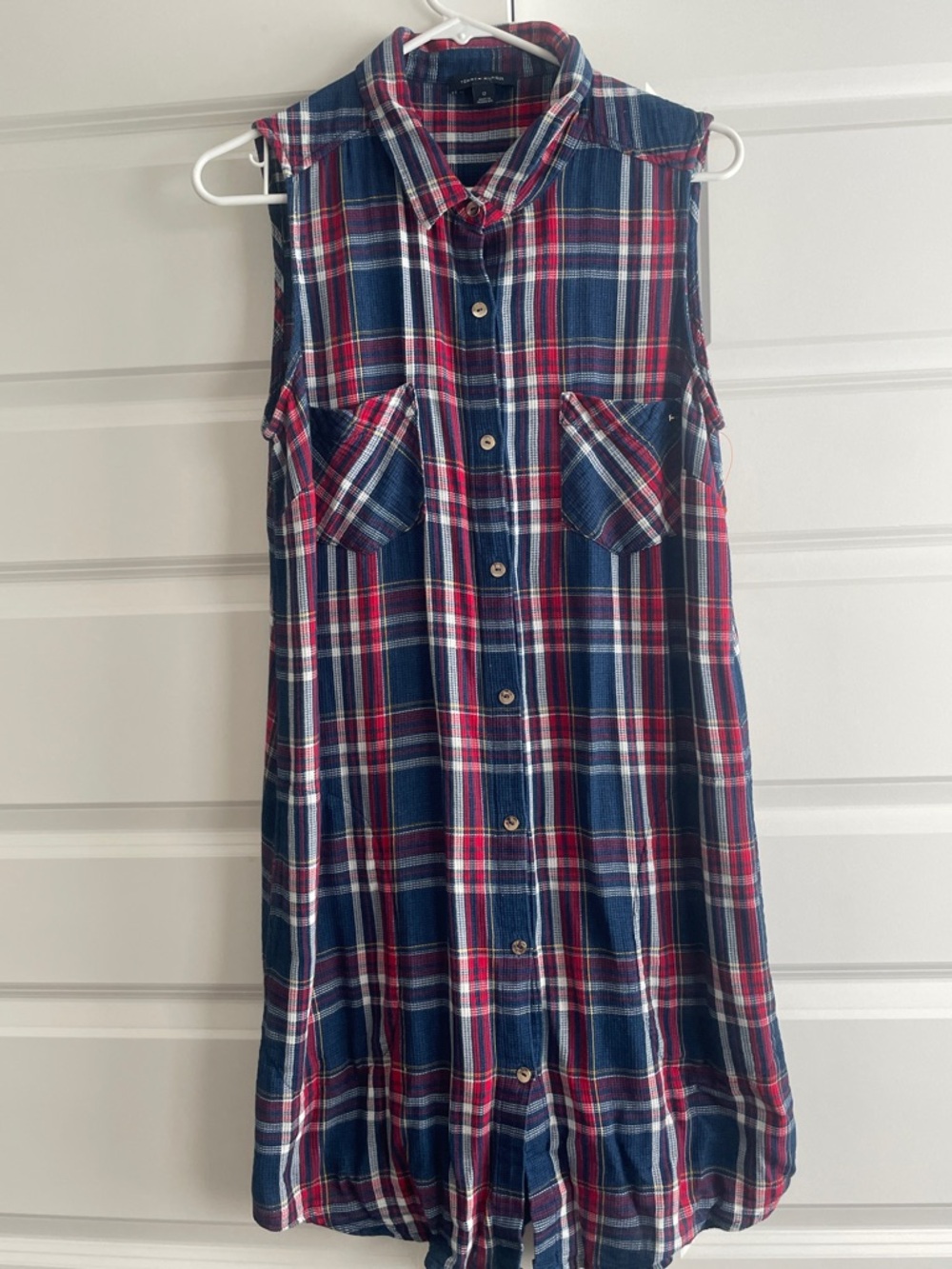 Tommy Hilfiger Navy and Red Plaid Sleeveless Shirt Dress